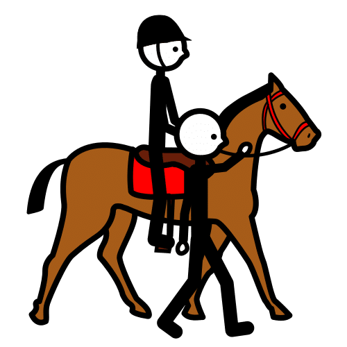 Pictograma en el que una persona acompaña a otra que va a caballo