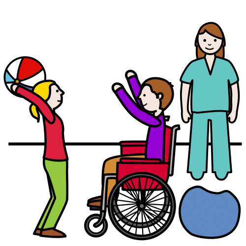 Pictograma en el que una niña lanza una pelota a un niño en silla de ruedas. Detrás, observa una fisioterapeuta.