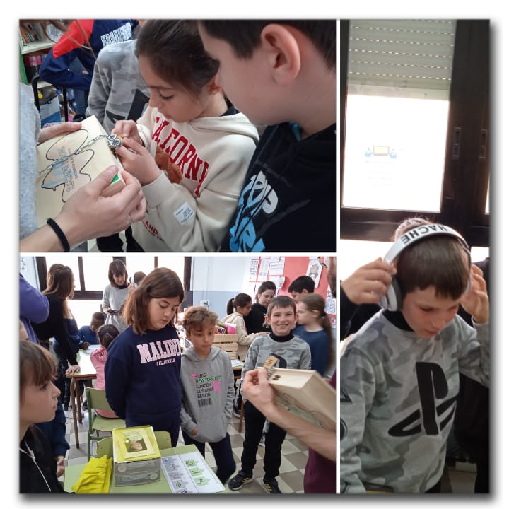 Collage de fotos de niños y niñas del colegio haciendo pruebas del escape room. En esta foto aparecen intentando abrir candados y escuchando frases distorsionadas con auriculares