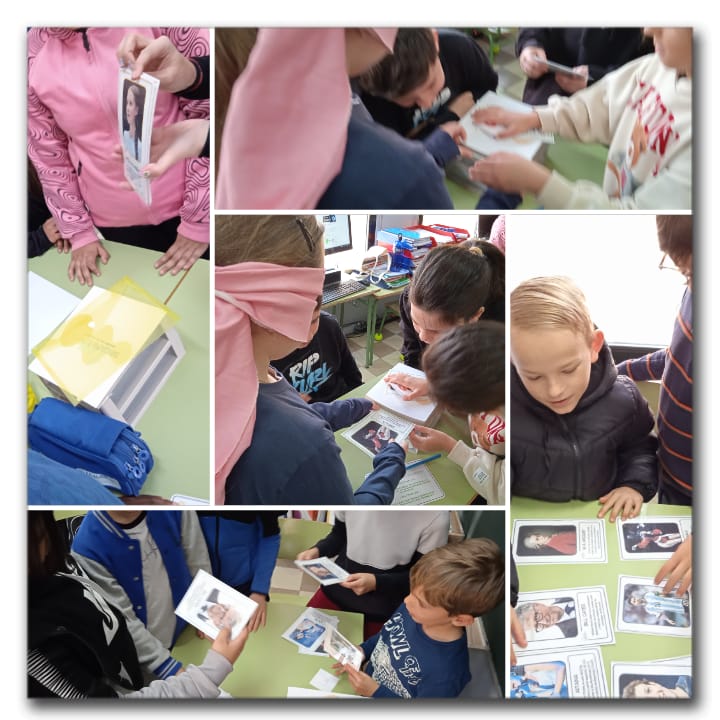 Collage de fotos de niños y niñas del colegio haciendo pruebas del escape room. En esta foto aparecen dividiendo fotos de famosos en dos grupos: los que creen que tienen autismo y los que no