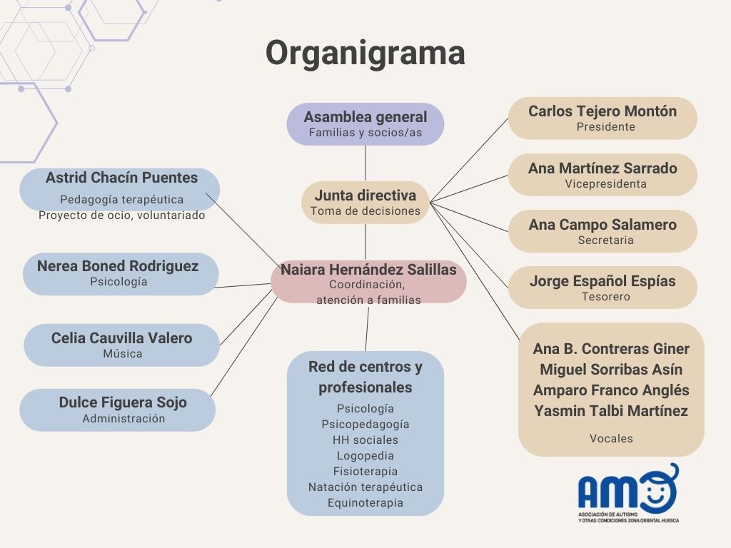Esquema con lo snombres de la junta directiva y el equipo de AMO