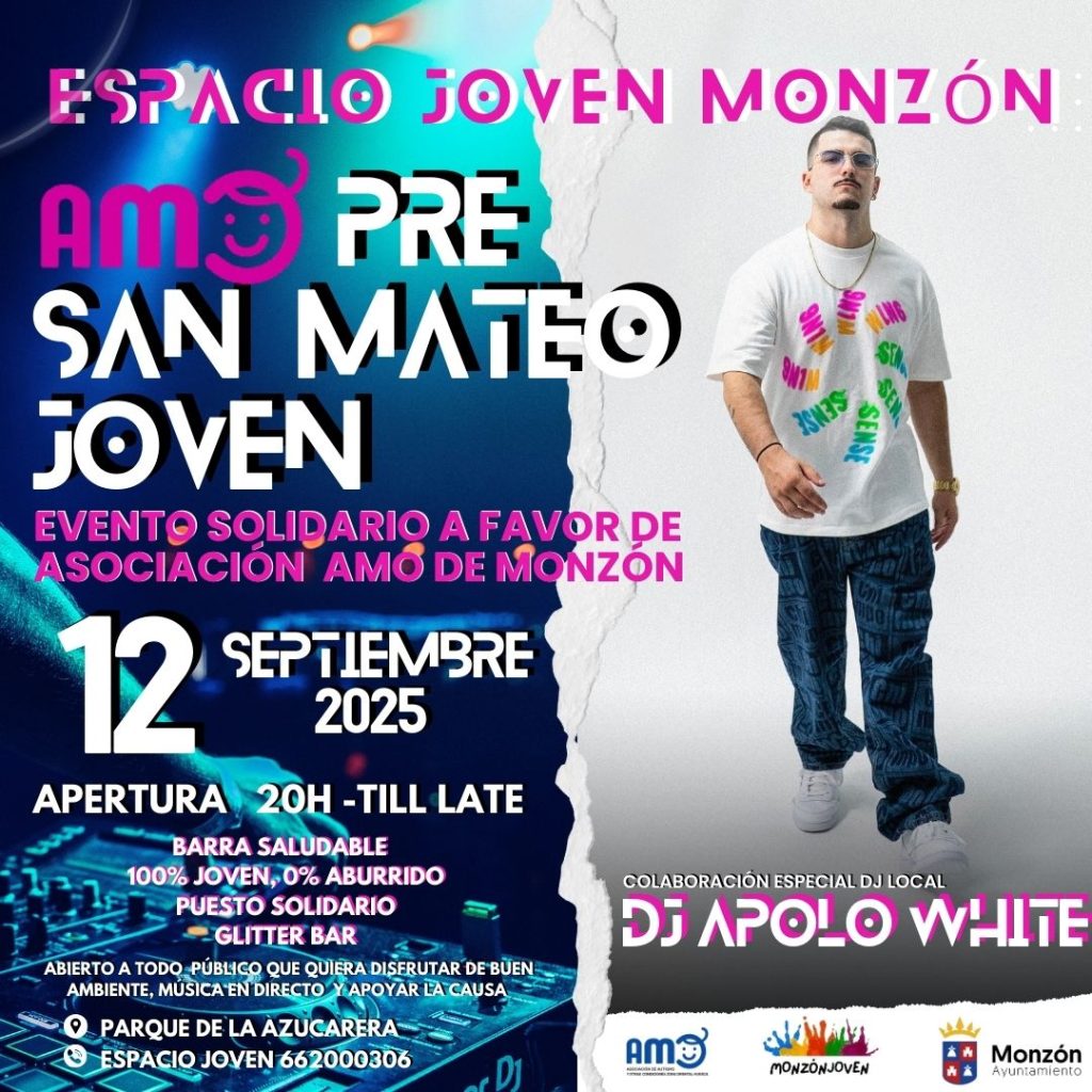 Imagen con la información puesta en el texto anterior. En la imagen, la mitad izquierda tiene un fondo en tonos azules en los que se intuye una mesa de mezclas. En la parte derecha, la foto del DJ Apolo White, que tocará en la fiesta.